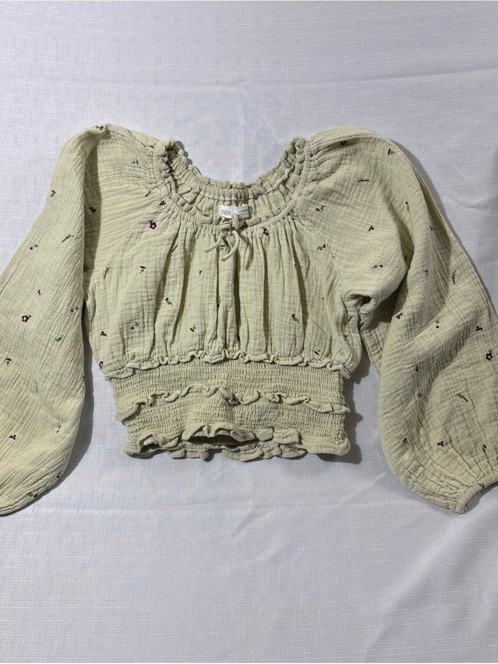 Zara Cream Smocked Top with Tiny Purple Floral Embroidery